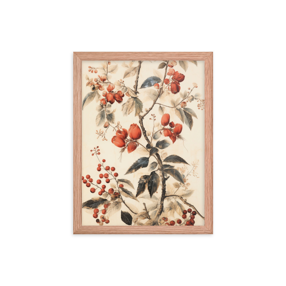Vintage Floral Motifs with Red Berries 02 | Framed poster