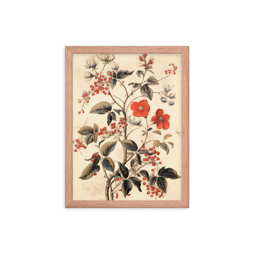 Vintage Floral Motifs with Red Berries 03 | Framed poster