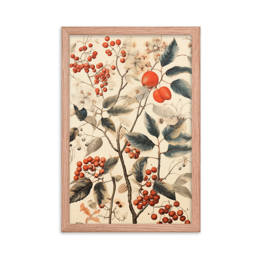 Vintage Floral Motifs with Red Berries 01 | Framed poster