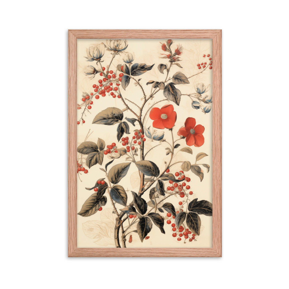 Vintage Floral Motifs with Red Berries 03 | Framed poster
