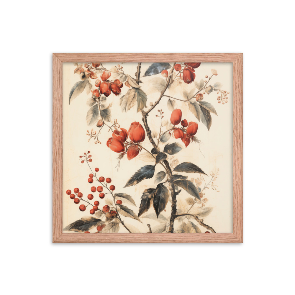 Vintage Floral Motifs with Red Berries 02 | Framed poster