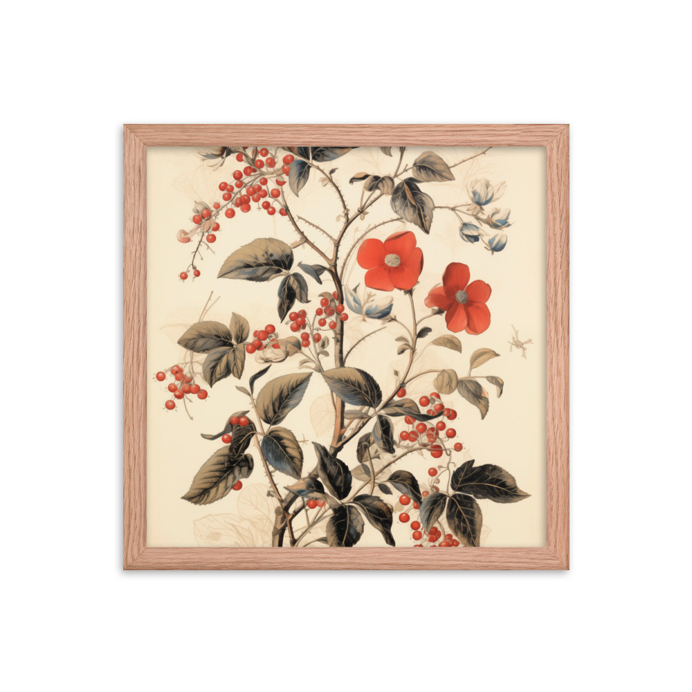 Vintage Floral Motifs with Red Berries 03 | Framed poster