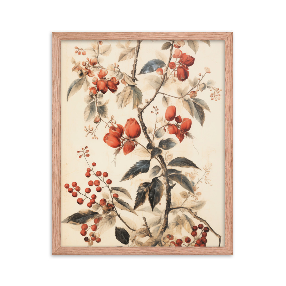 Vintage Floral Motifs with Red Berries 02 | Framed poster