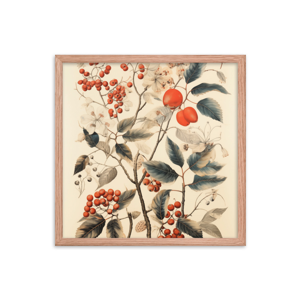 Vintage Floral Motifs with Red Berries 01 | Framed poster