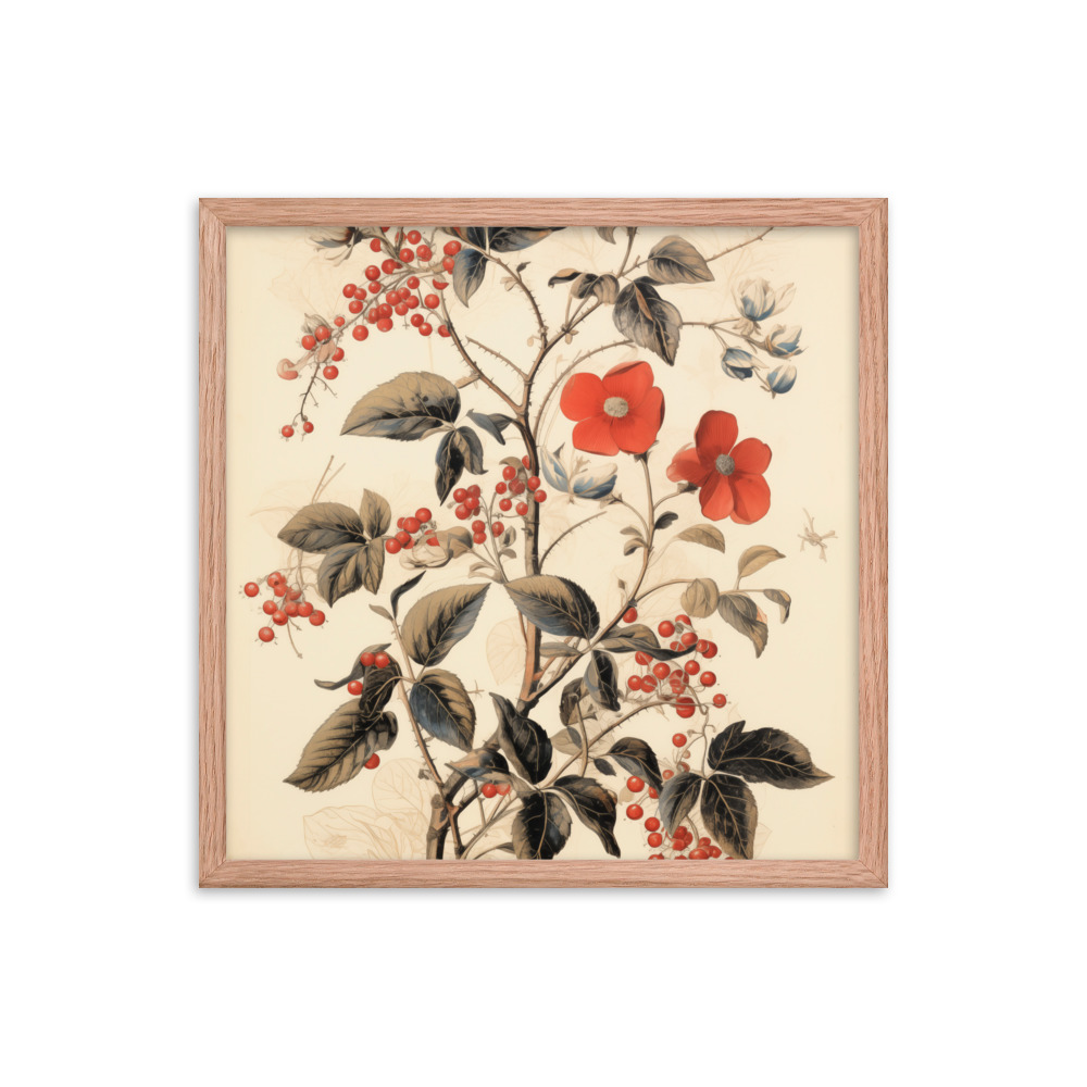 Vintage Floral Motifs with Red Berries 03 | Framed poster
