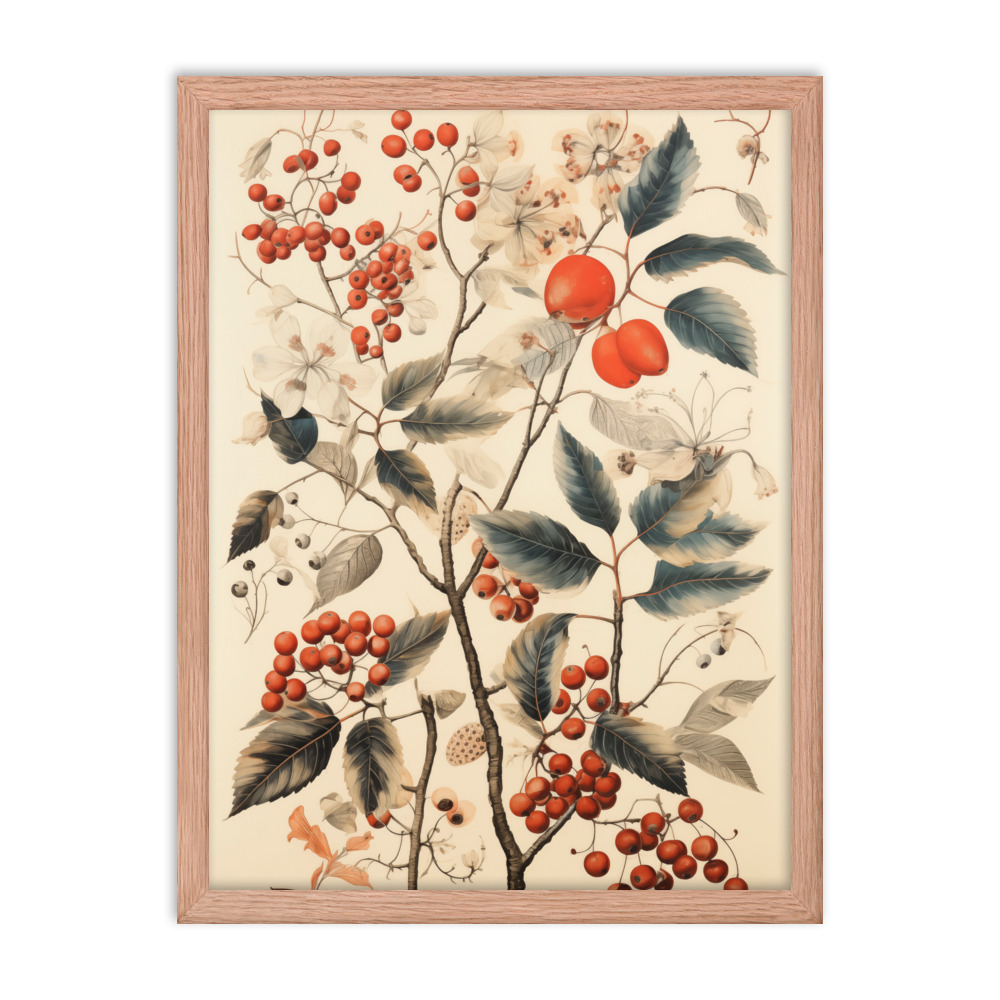 Vintage Floral Motifs with Red Berries 01 | Framed poster