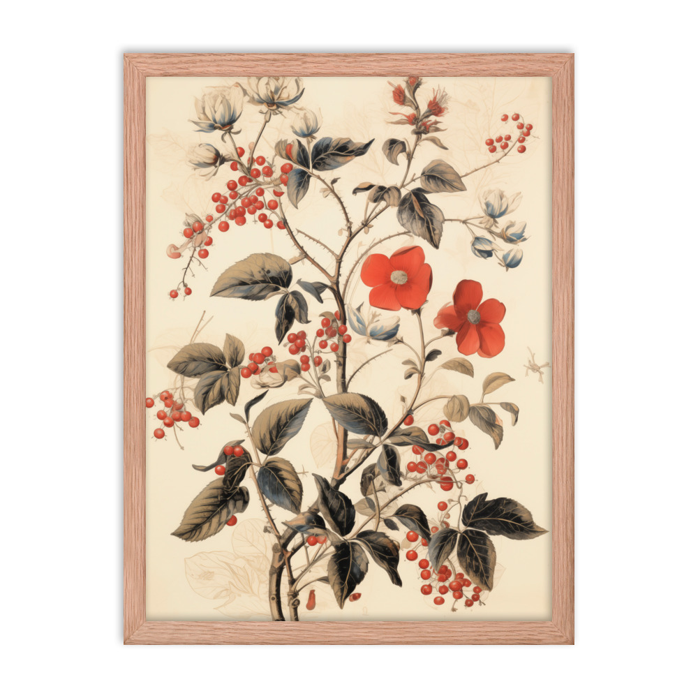 Vintage Floral Motifs with Red Berries 03 | Framed poster