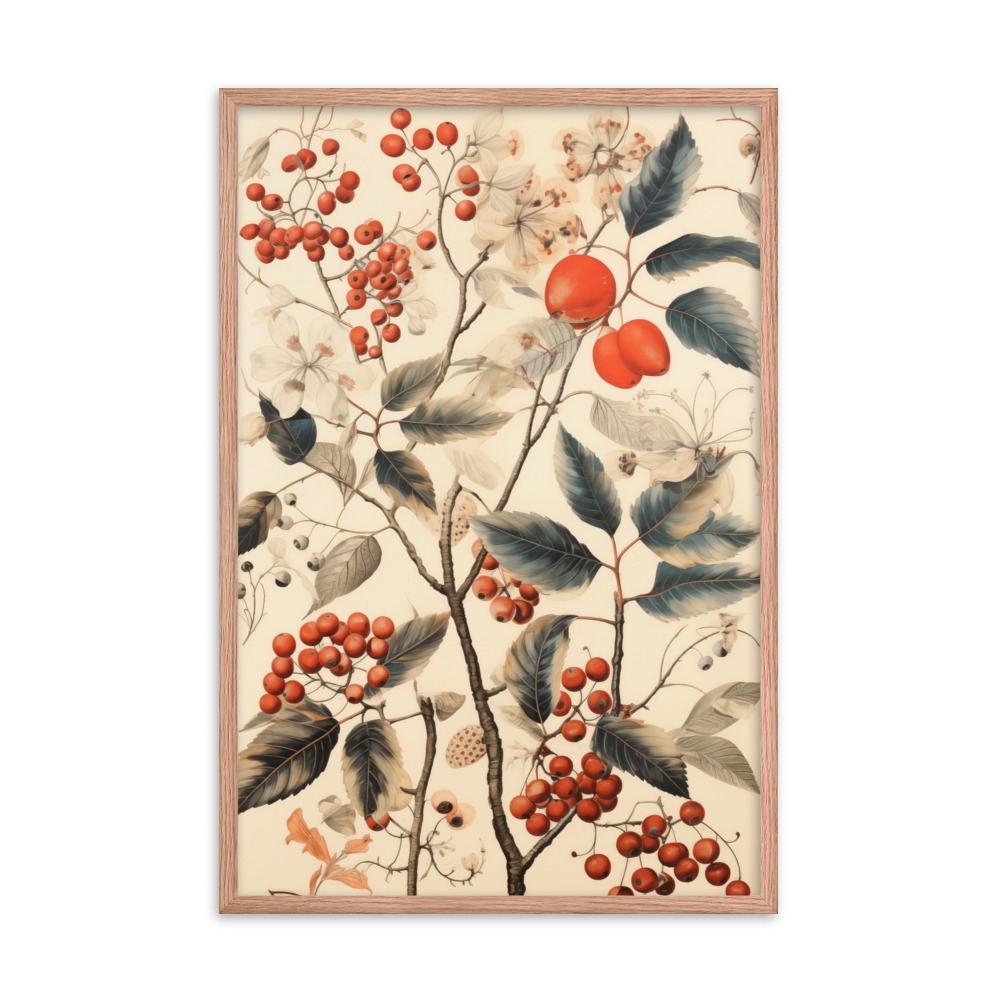 Vintage Floral Motifs with Red Berries 01 | Framed poster