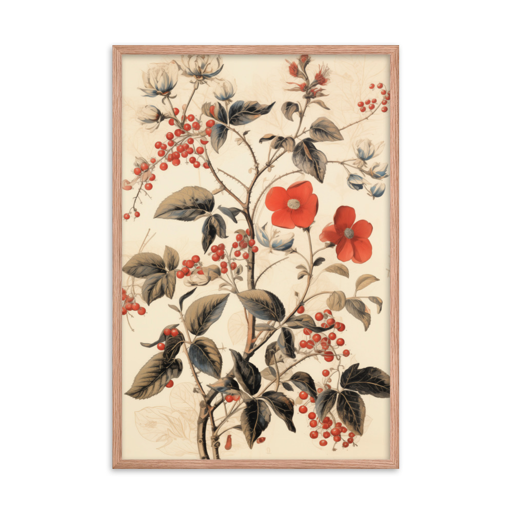 Vintage Floral Motifs with Red Berries 03 | Framed poster