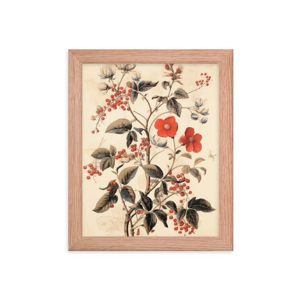 Vintage Floral Motifs with Red Berries 03 | Framed poster