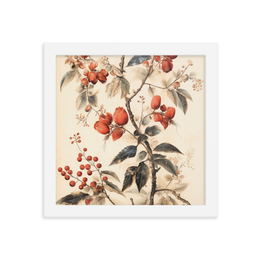 Vintage Floral Motifs with Red Berries 02 | Framed poster