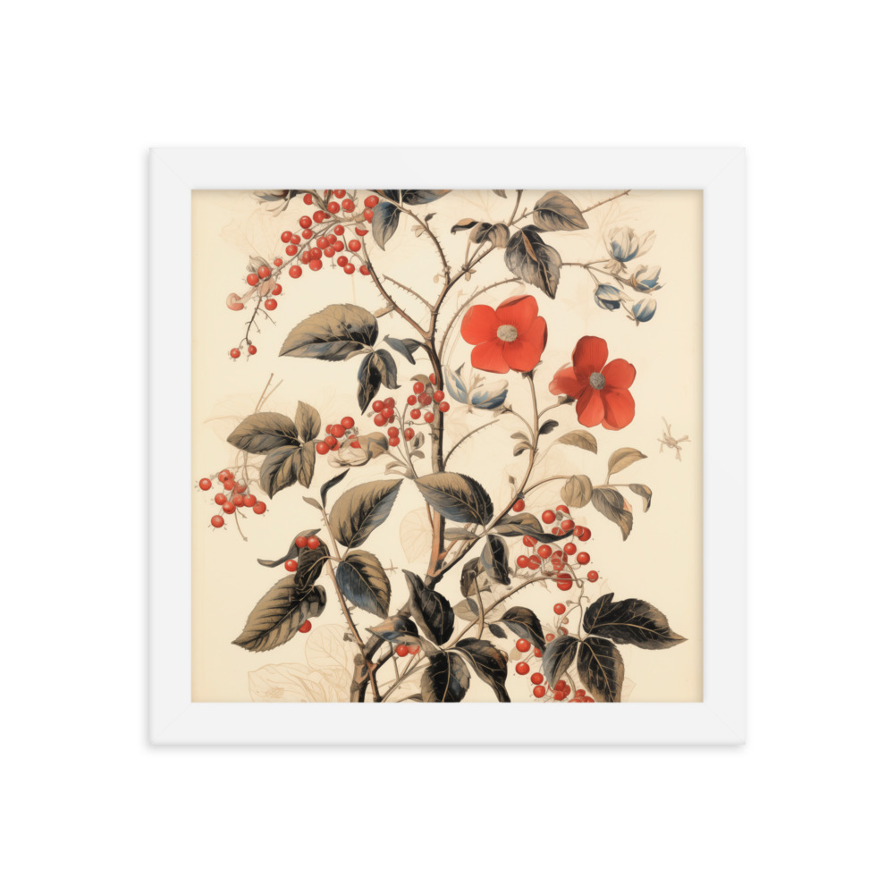 Vintage Floral Motifs with Red Berries 03 | Framed poster