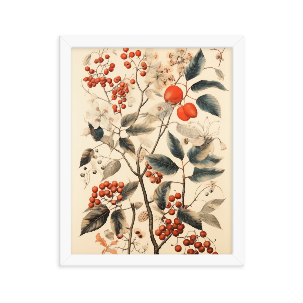 Vintage Floral Motifs with Red Berries 01 | Framed poster
