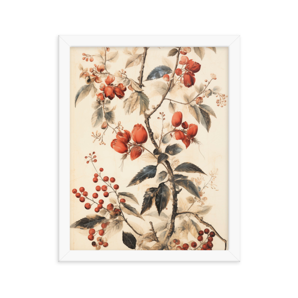 Vintage Floral Motifs with Red Berries 02 | Framed poster