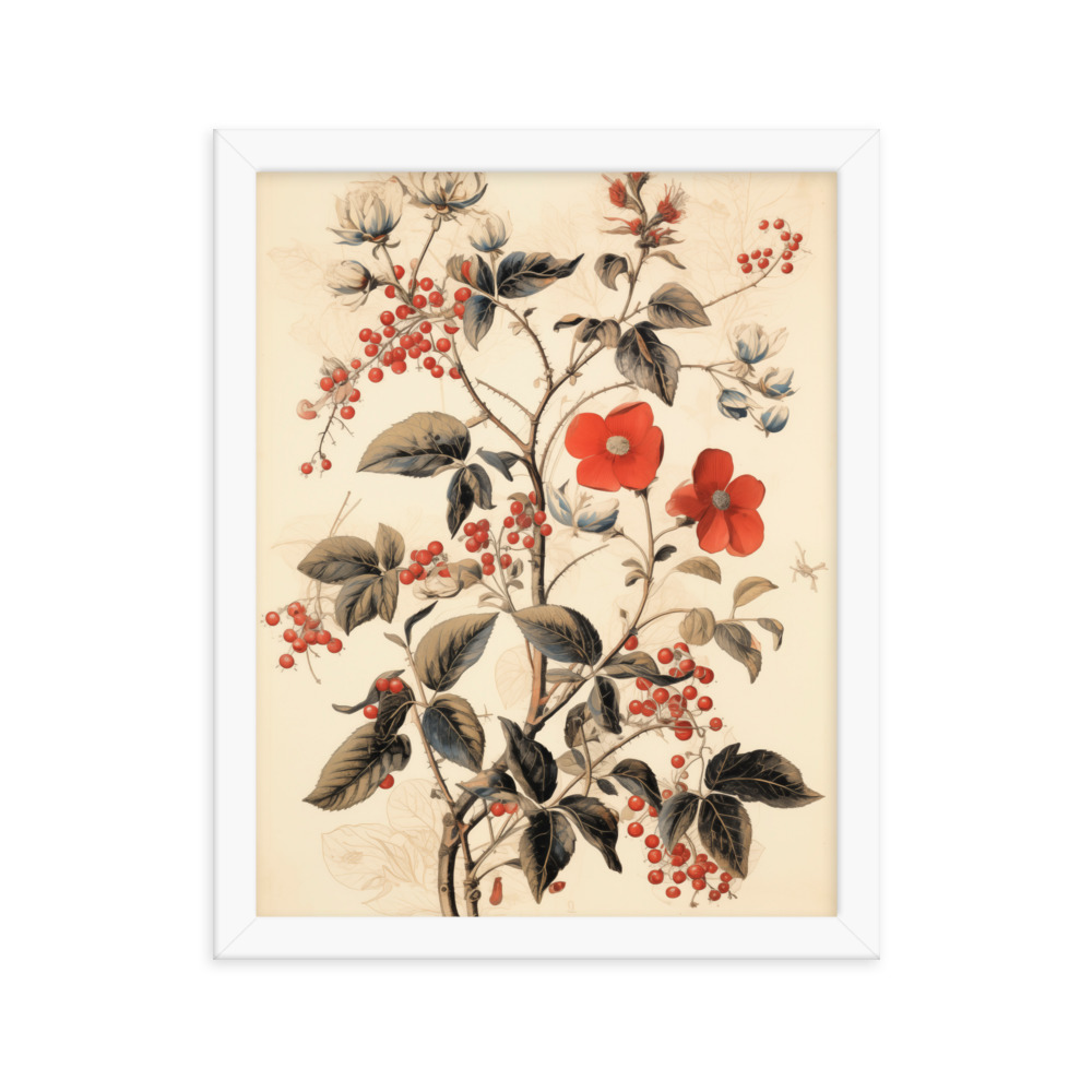 Vintage Floral Motifs with Red Berries 03 | Framed poster