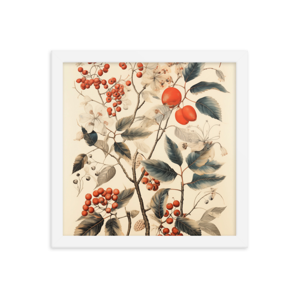 Vintage Floral Motifs with Red Berries 01 | Framed poster