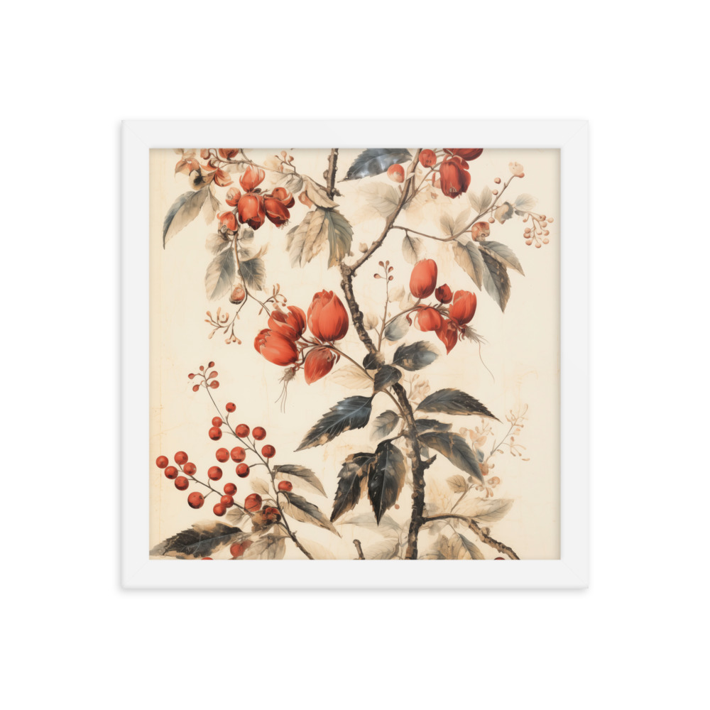 Vintage Floral Motifs with Red Berries 02 | Framed poster