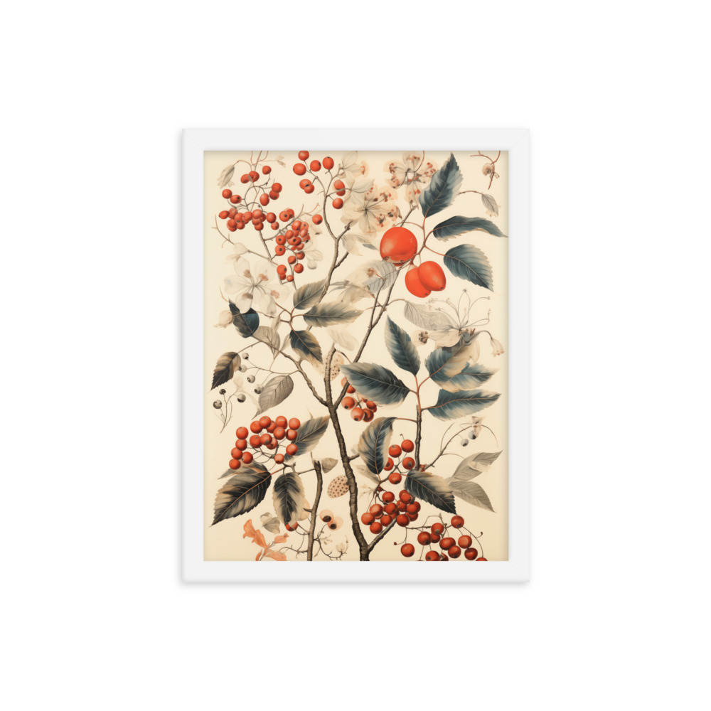 Vintage Floral Motifs with Red Berries 01 | Framed poster