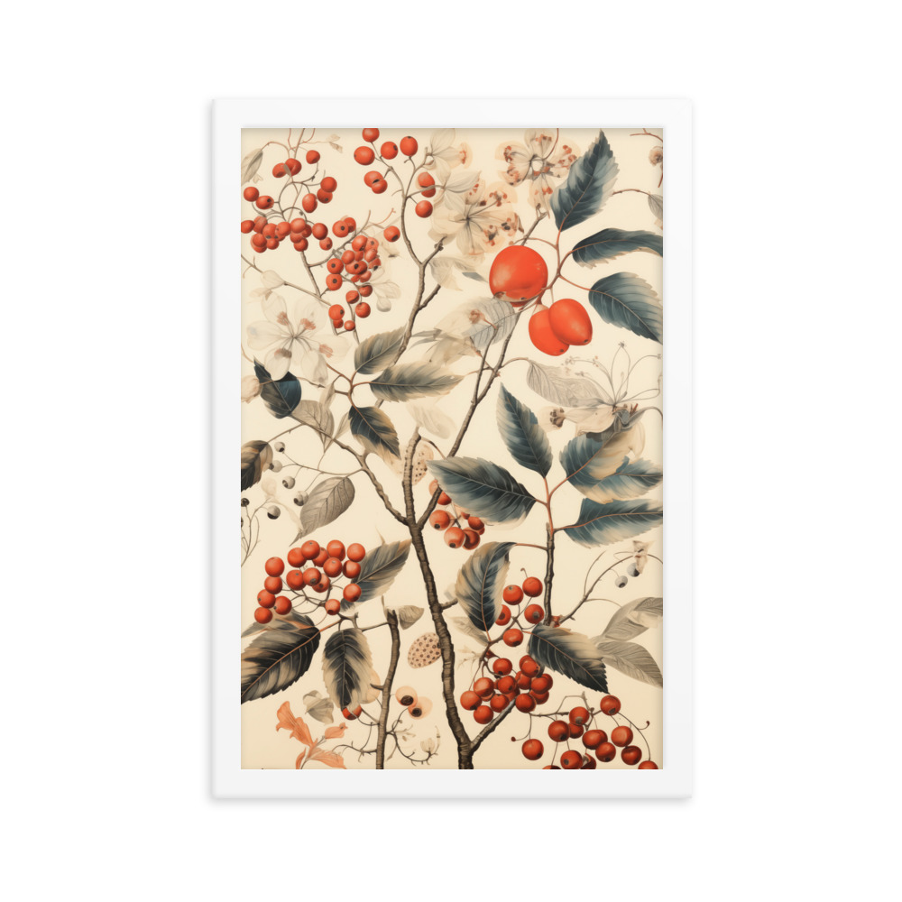 Vintage Floral Motifs with Red Berries 01 | Framed poster