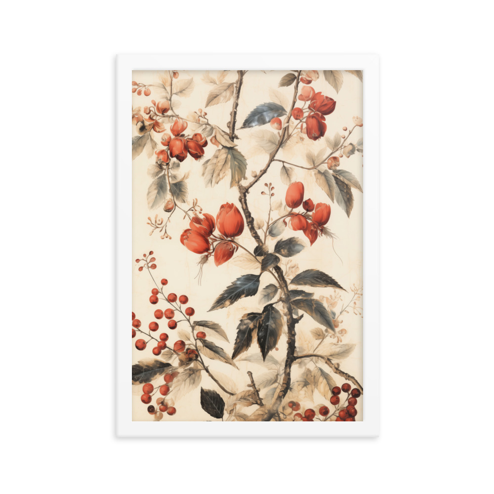 Vintage Floral Motifs with Red Berries 02 | Framed poster
