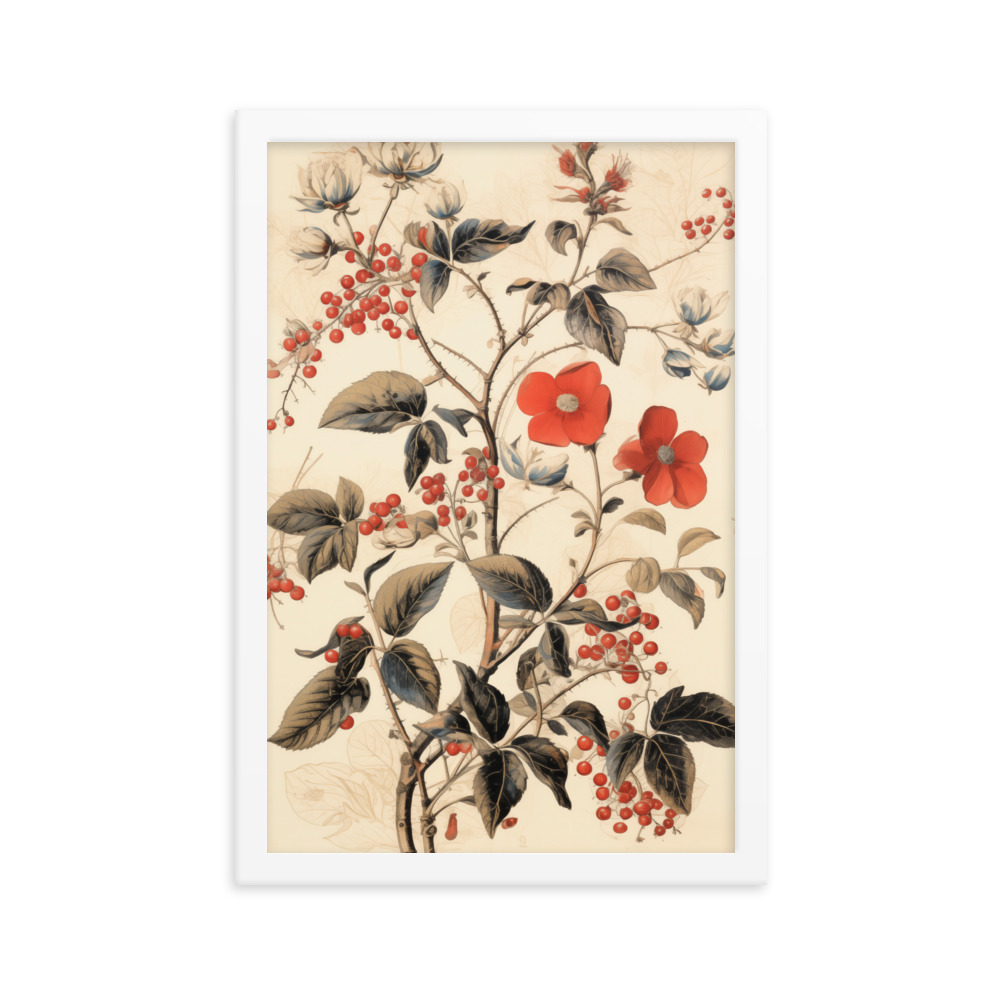 Vintage Floral Motifs with Red Berries 03 | Framed poster