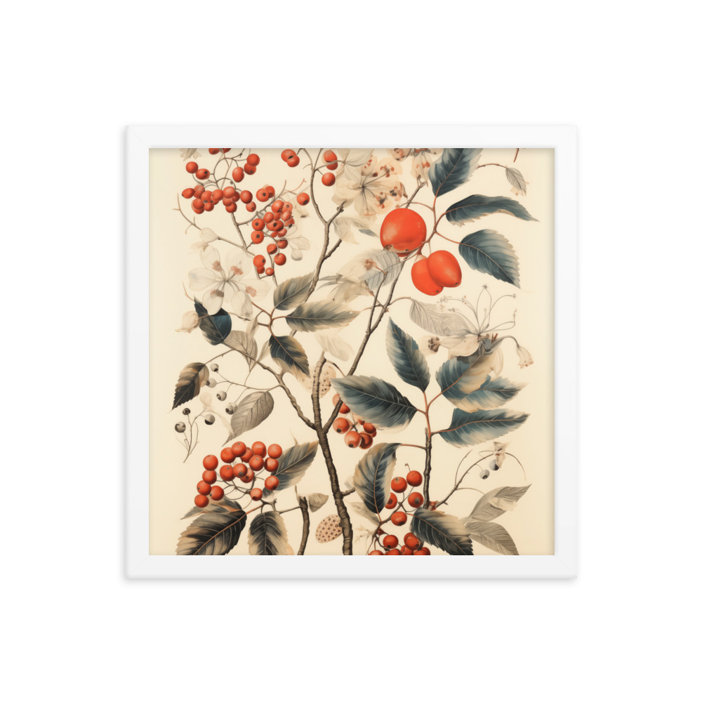 Vintage Floral Motifs with Red Berries 01 | Framed poster