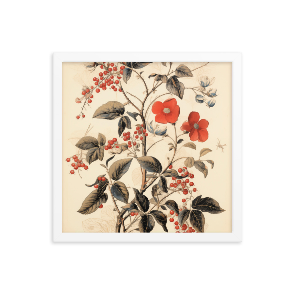 Vintage Floral Motifs with Red Berries 03 | Framed poster
