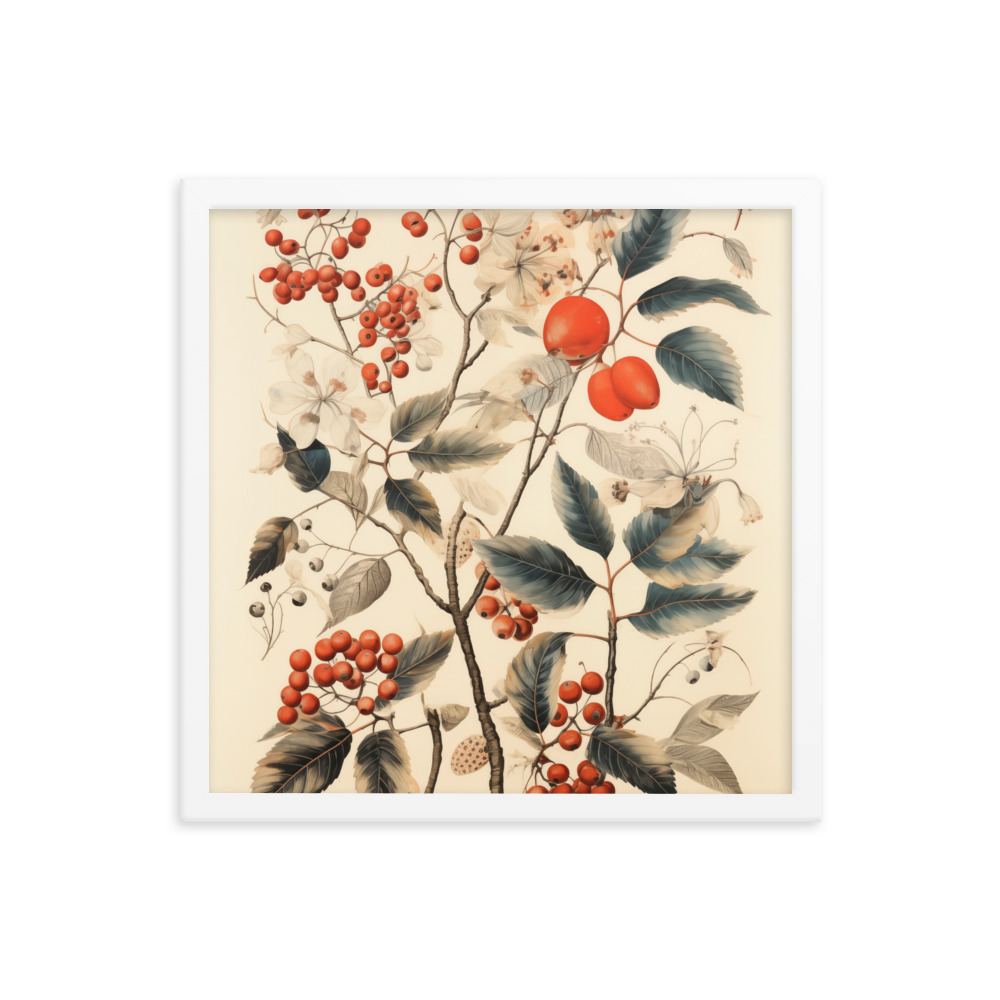 Vintage Floral Motifs with Red Berries 01 | Framed poster