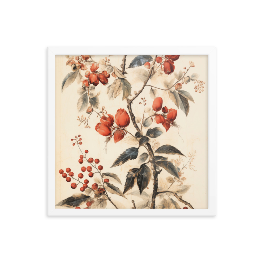 Vintage Floral Motifs with Red Berries 02 | Framed poster