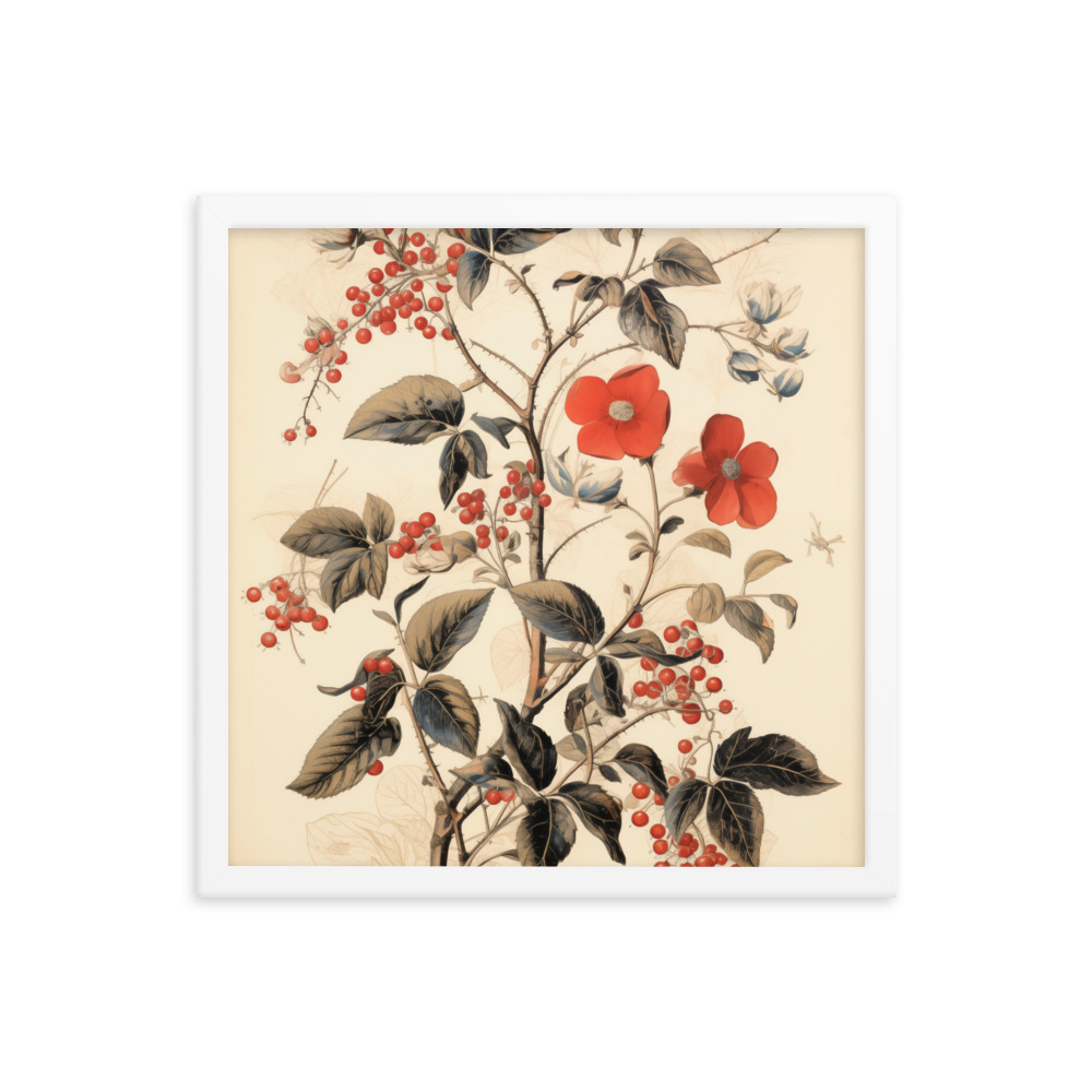 Vintage Floral Motifs with Red Berries 03 | Framed poster