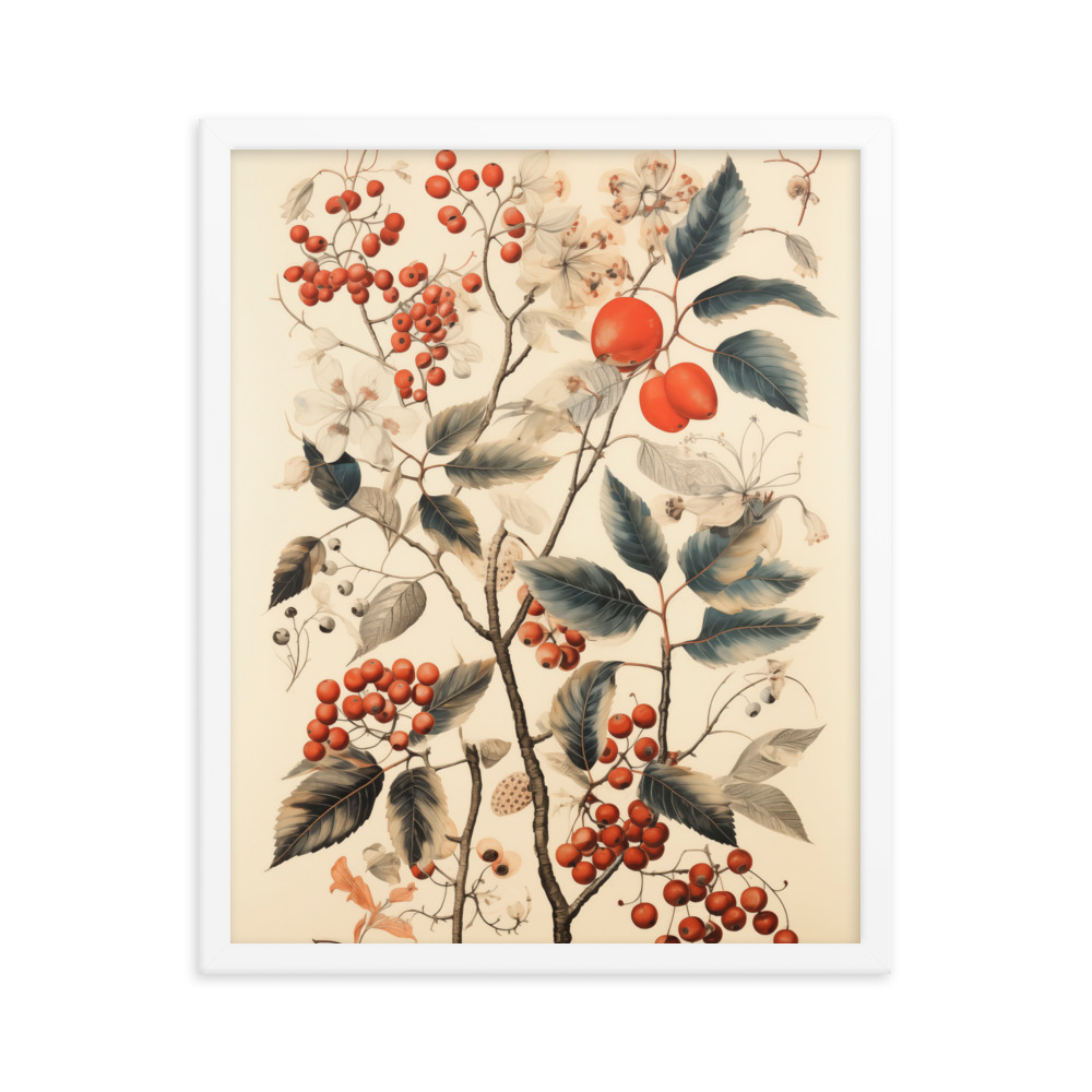 Vintage Floral Motifs with Red Berries 01 | Framed poster