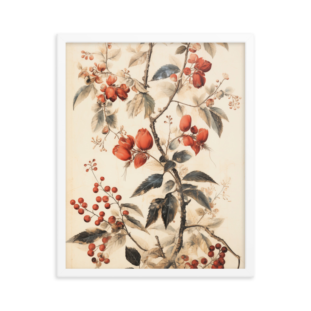 Vintage Floral Motifs with Red Berries 02 | Framed poster
