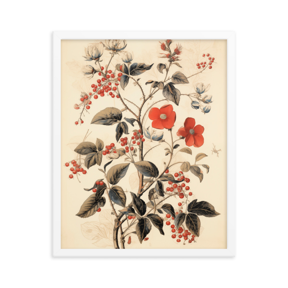 Vintage Floral Motifs with Red Berries 03 | Framed poster