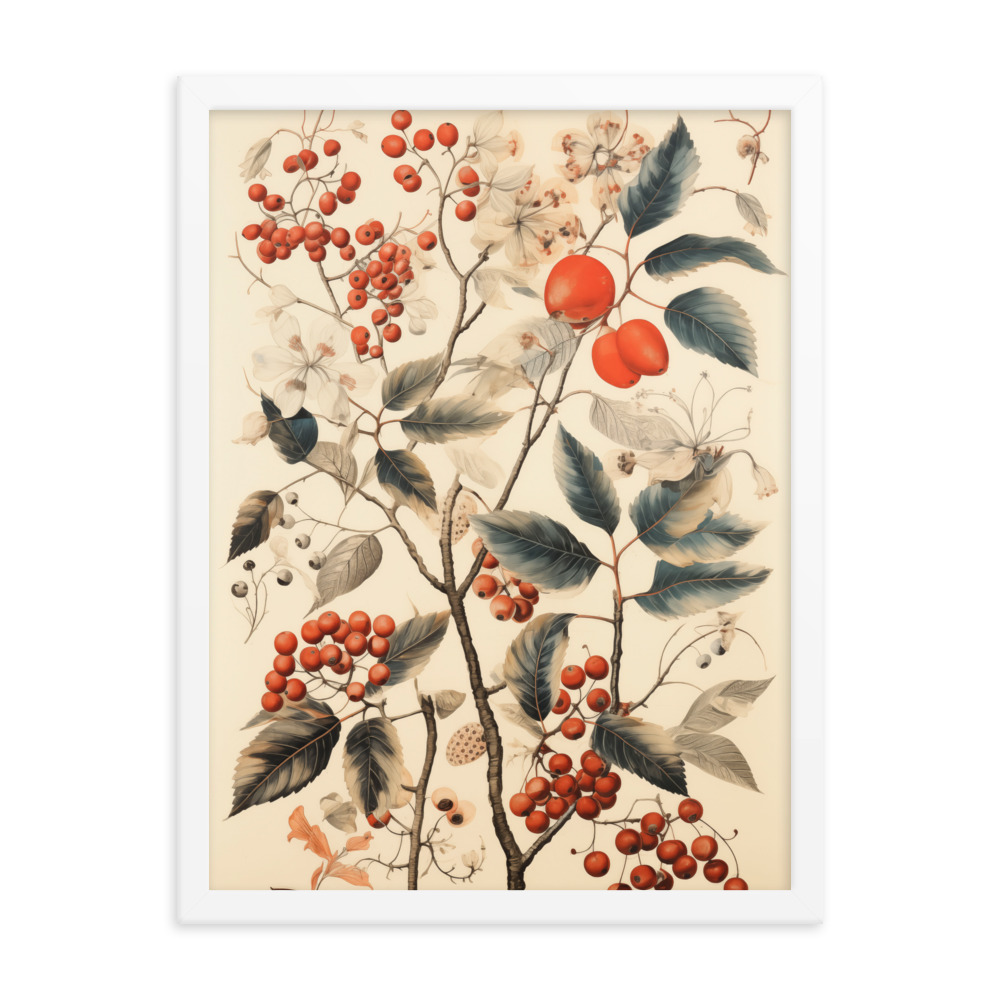 Vintage Floral Motifs with Red Berries 01 | Framed poster