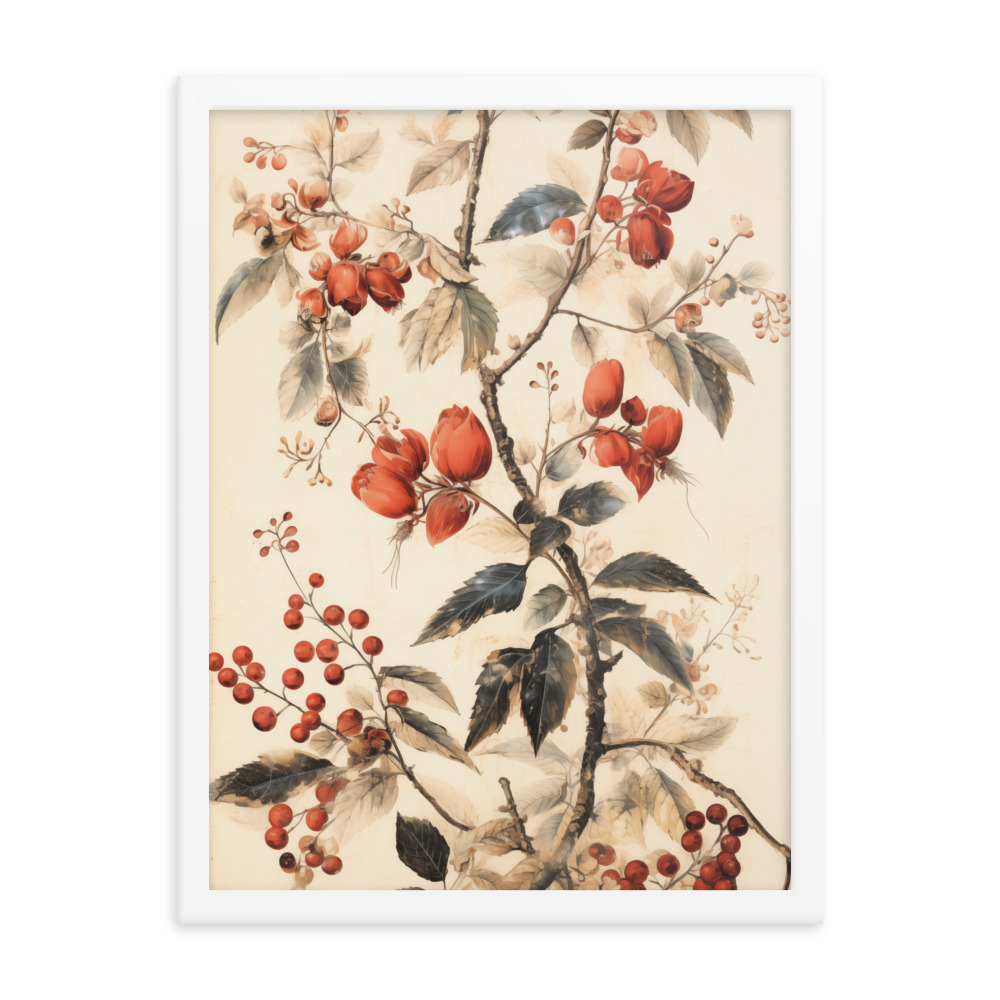 Vintage Floral Motifs with Red Berries 02 | Framed poster