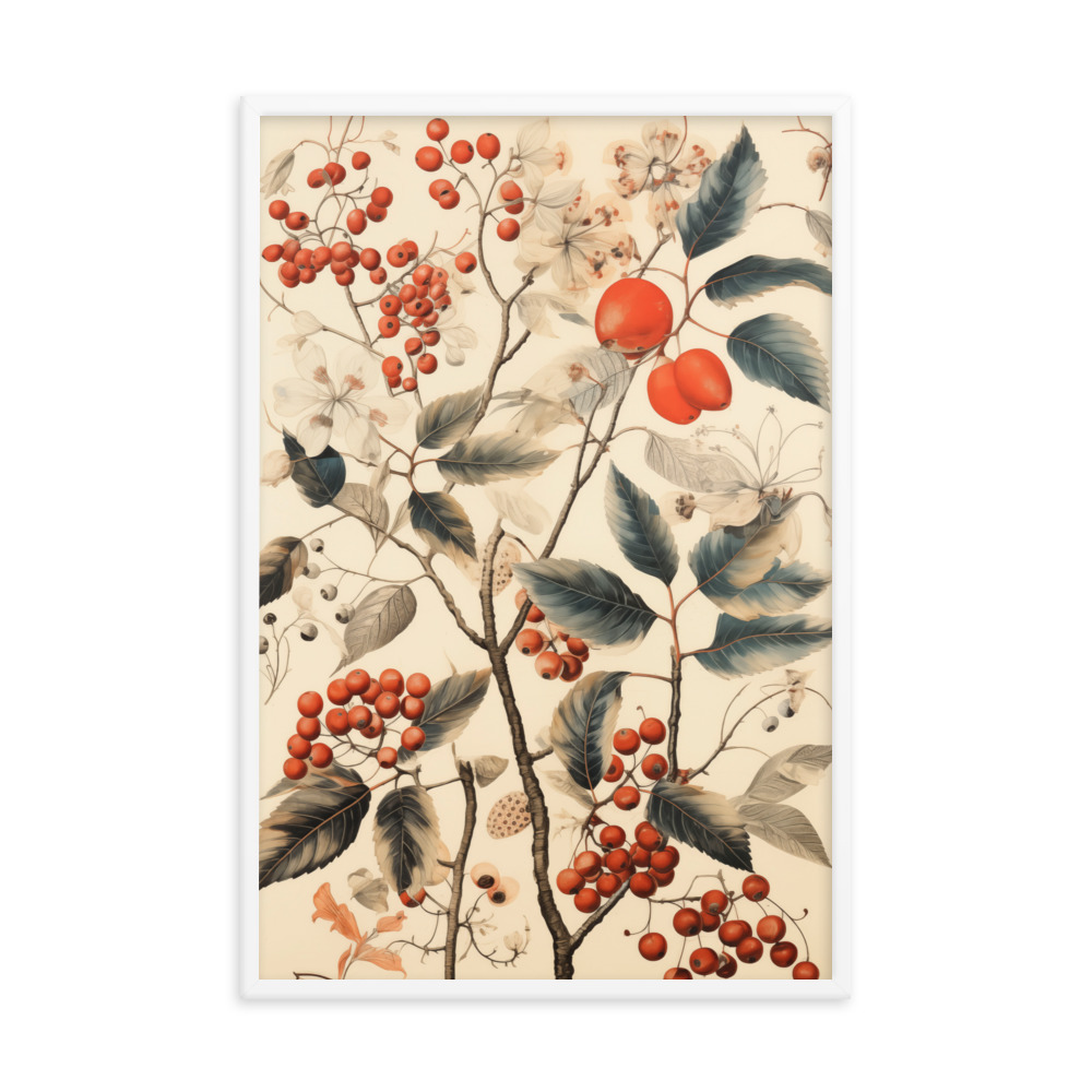 Vintage Floral Motifs with Red Berries 01 | Framed poster