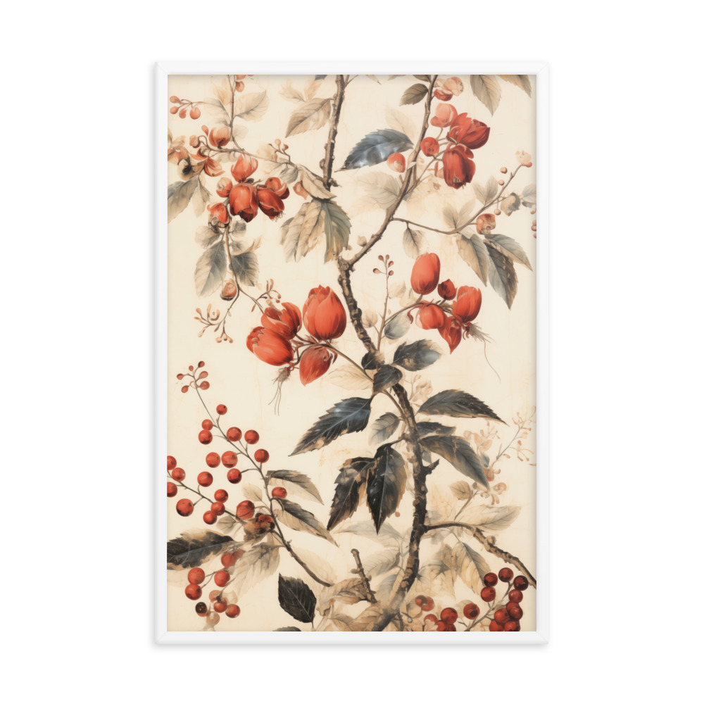 Vintage Floral Motifs with Red Berries 02 | Framed poster