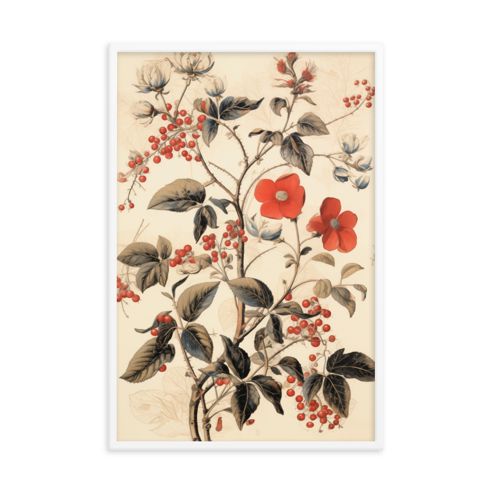Vintage Floral Motifs with Red Berries 03 | Framed poster
