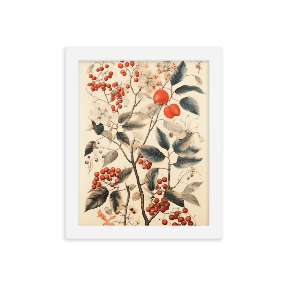 Vintage Floral Motifs with Red Berries 01 | Framed poster
