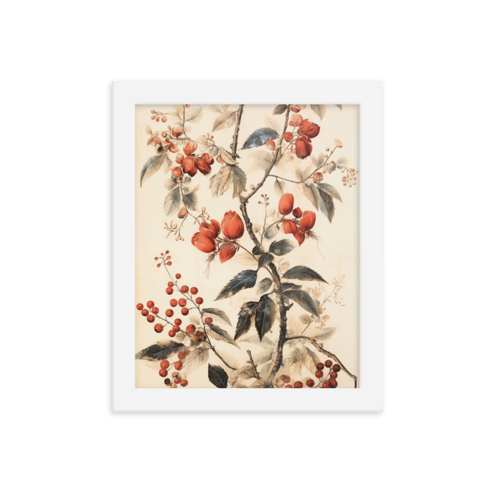 Vintage Floral Motifs with Red Berries 02 | Framed poster