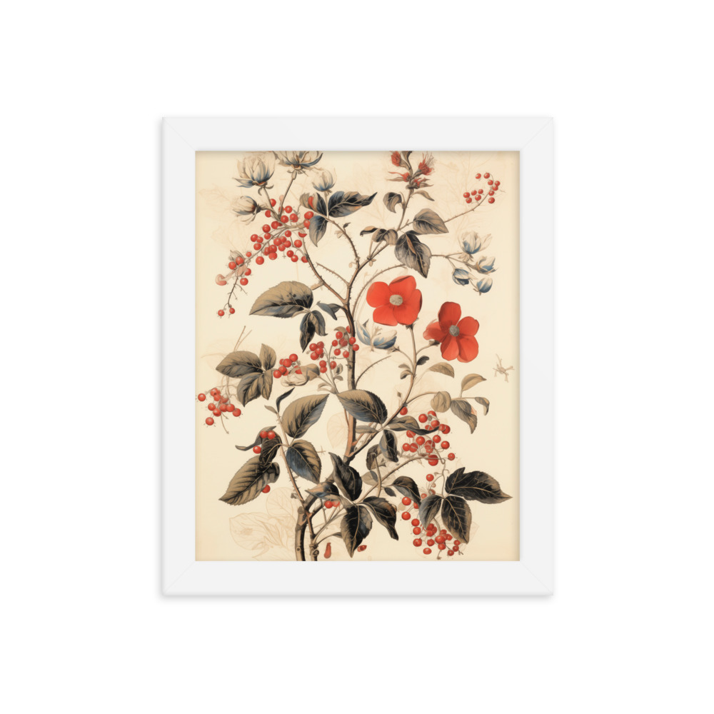 Vintage Floral Motifs with Red Berries 03 | Framed poster