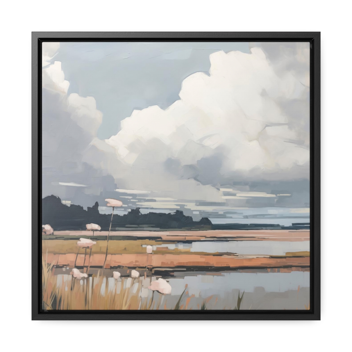Clouds & Wildflowers Landscape Painting | Framed Gallery Wrapped Canvas