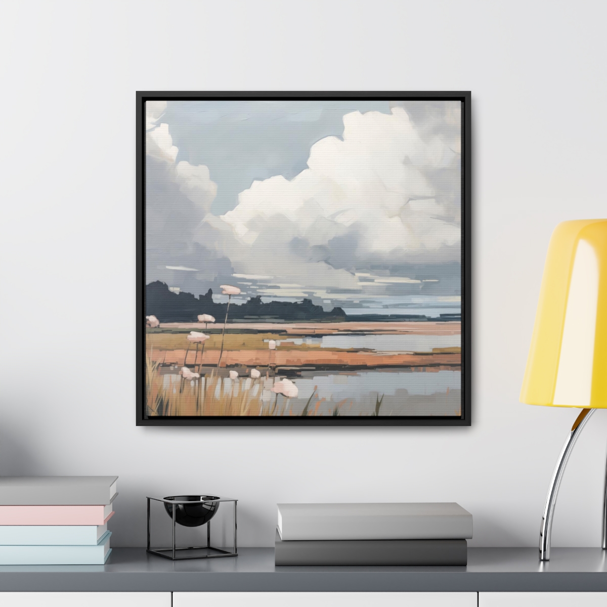 Clouds & Wildflowers Landscape Painting | Framed Gallery Wrapped Canvas