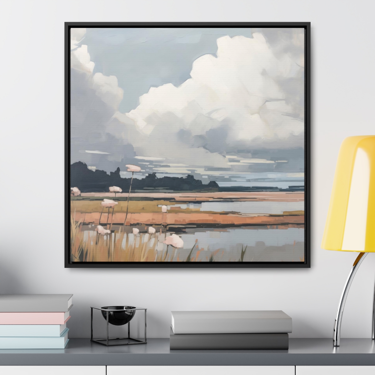Clouds & Wildflowers Landscape Painting | Framed Gallery Wrapped Canvas