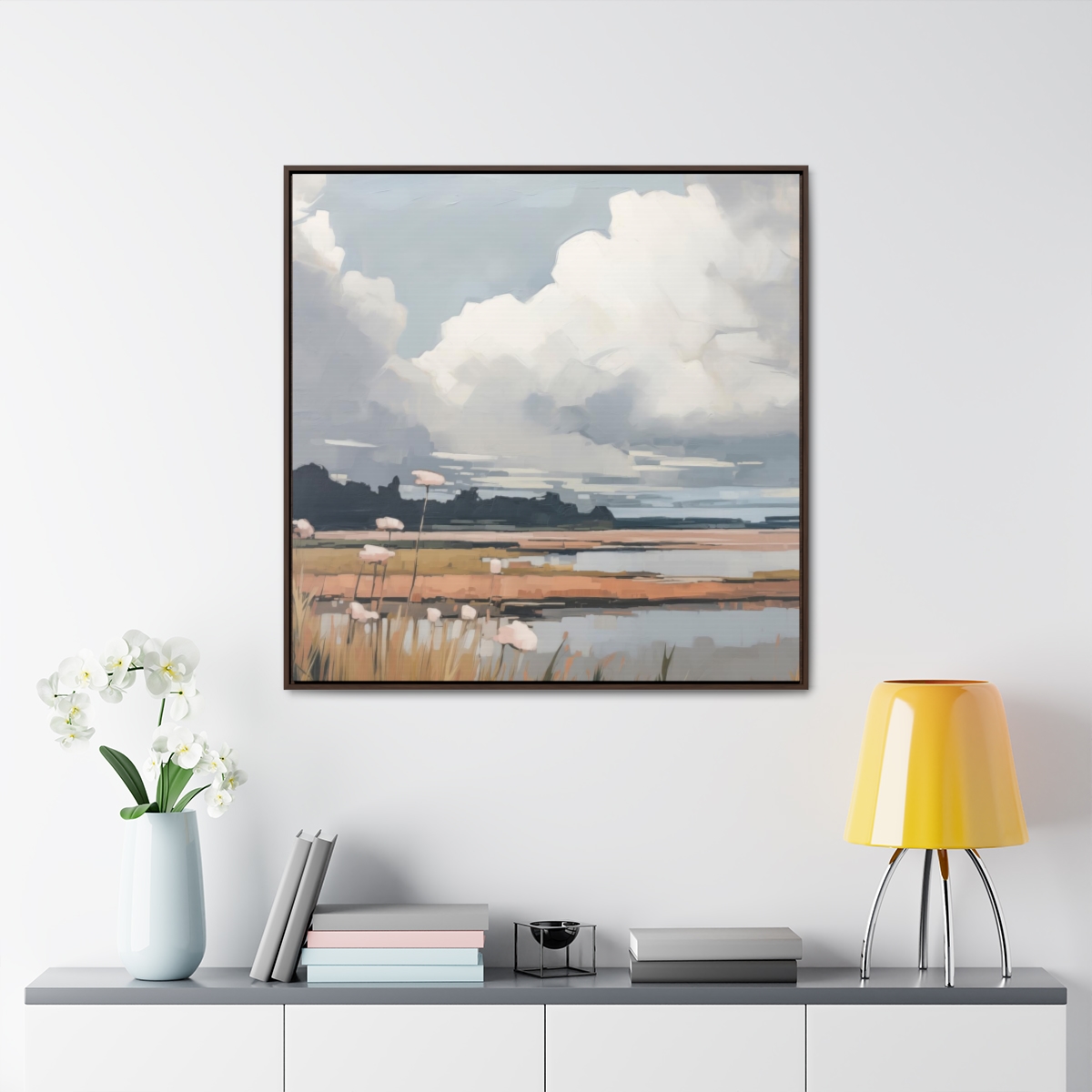 Clouds & Wildflowers Landscape Painting | Framed Gallery Wrapped Canvas
