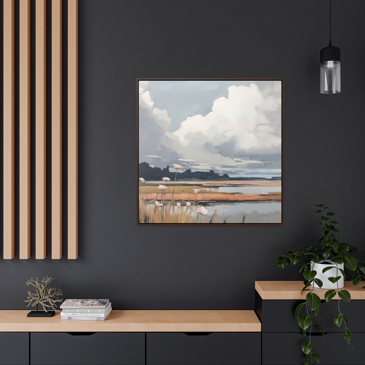 Clouds & Wildflowers Landscape Painting | Framed Gallery Wrapped Canvas