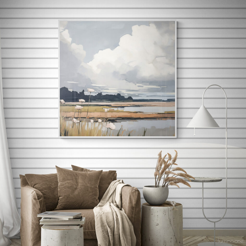 Clouds & Wildflowers Landscape Painting on a shiplap wall over a cozy large armchair