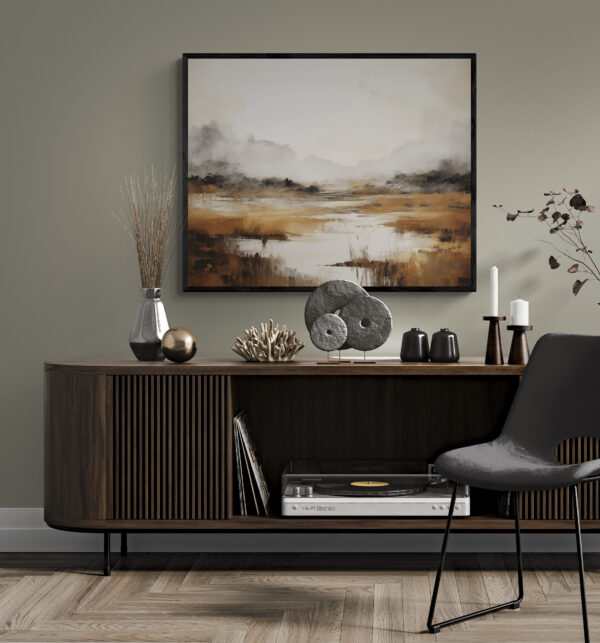 Coastal Serenity at Dusk - Fog Wall Art in a Lounge with Mid Cen