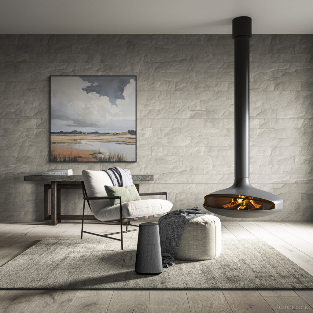 Rustic Cloud Sky Landscape Painting in a contemporary living room with stone texture wall and suspended fireplace