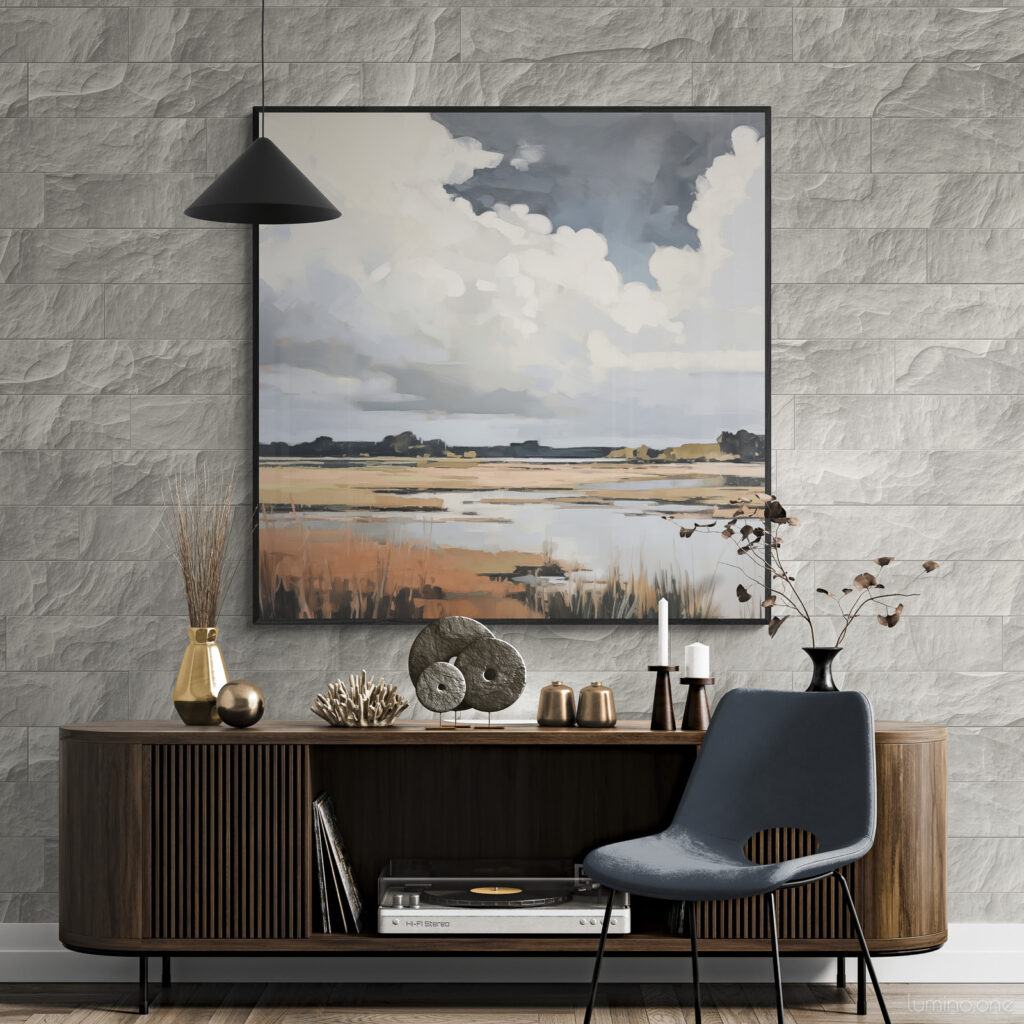 Rustic Cloud Sky Landscape Painting over a mid century modern wooden cabinet and char